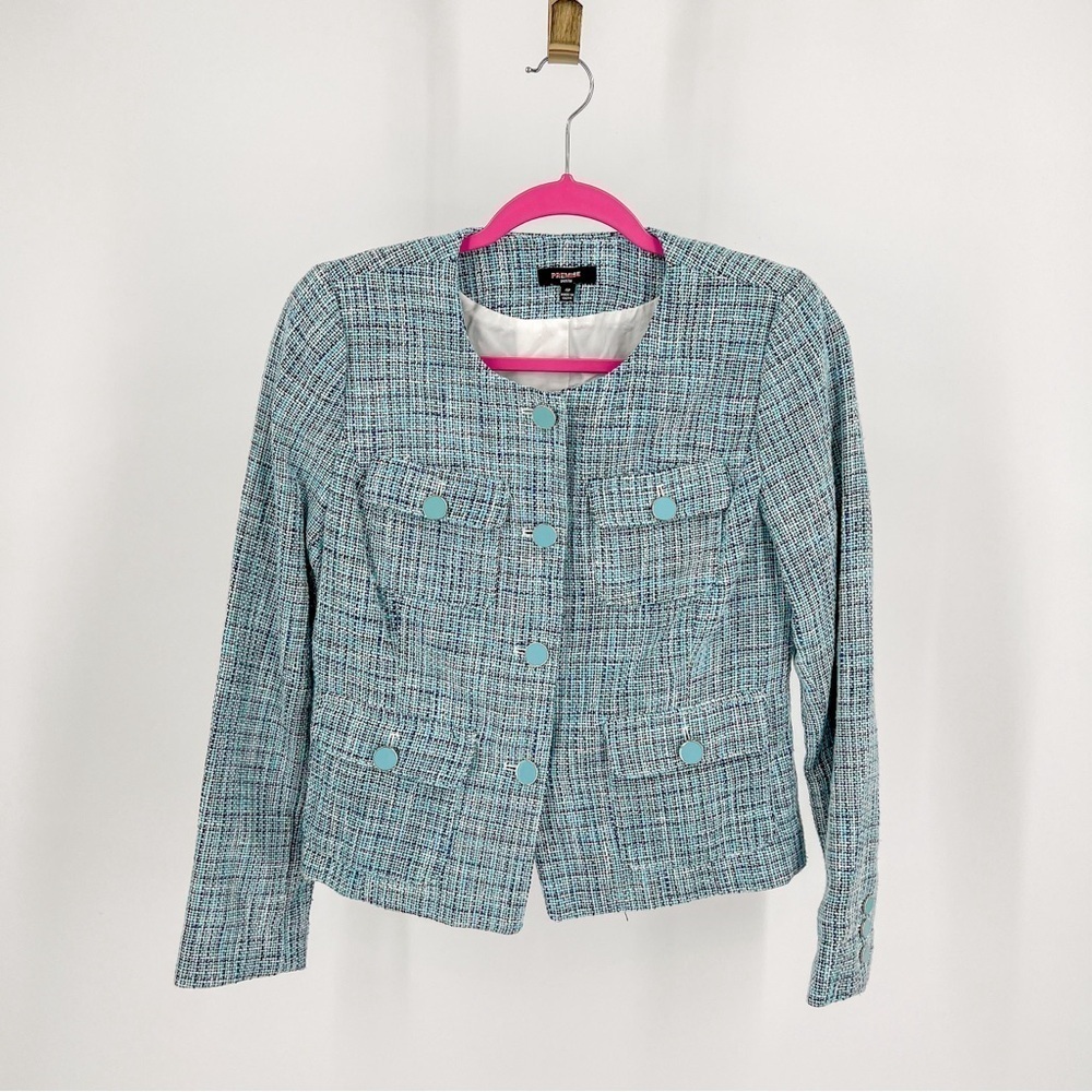 Premise Tweedy Lined Designer Blazer Jacket Blue Woven Pockets